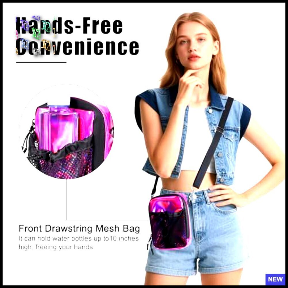 Holographic Mini Messenger Crossbody Bag Water Bottle Pocket Trendy Y2K - Picture 2 of 7